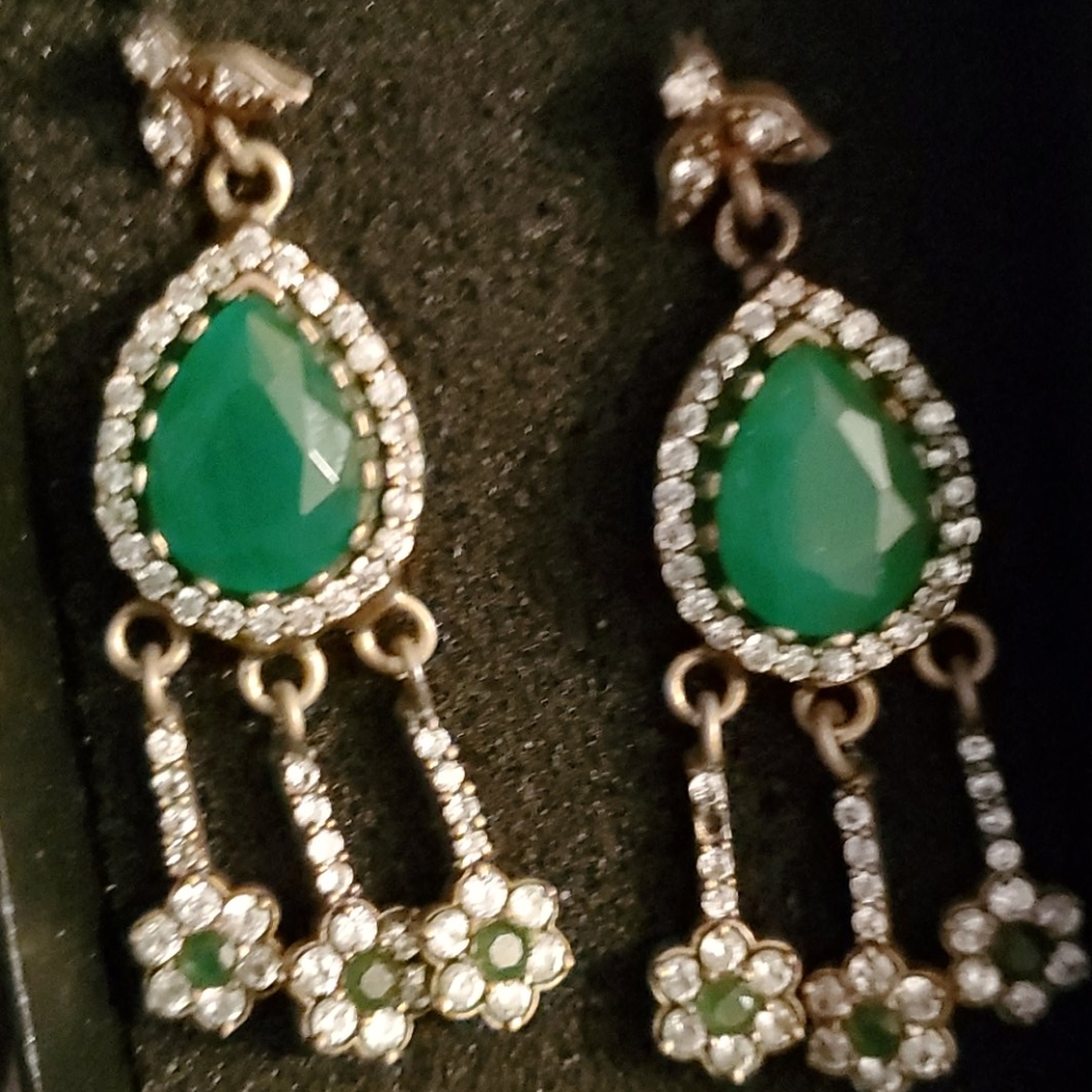 925 STERLING SILVER EMERALD WITH C.Z. EARRINGS